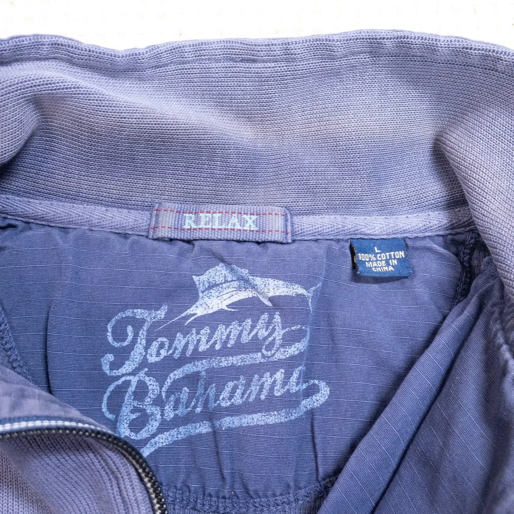Tommy Bahama Relax Mens L Quarter Zip Sweatshirt Blue Cotton Pullover Logo